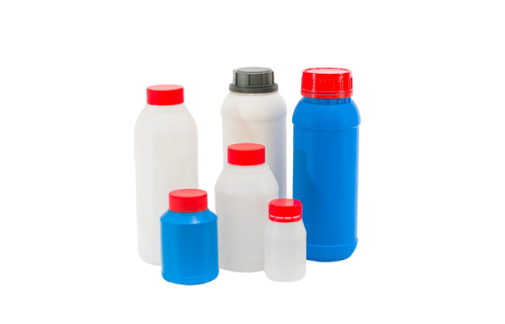 White and blue Polytainer bottles in several sizes with red and grey caps