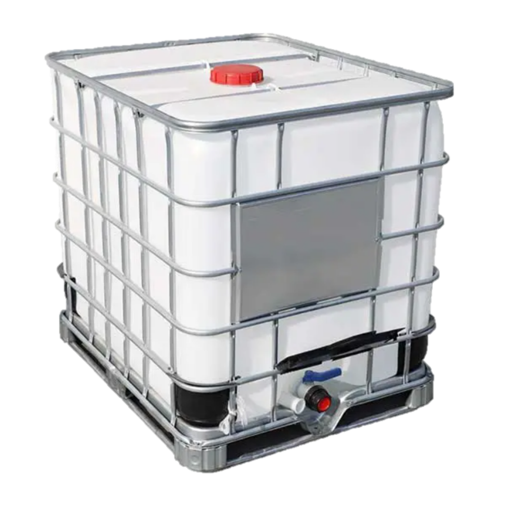Polytainer 1,000 litre IBC tank with protective cage and pallet